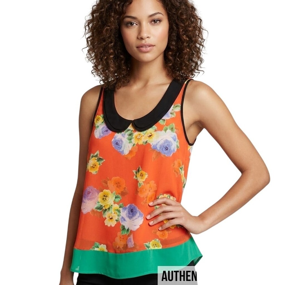 Lush Orange Floral Sleeveless Blouse Peter Pan Collar Button Back XS T7275-003